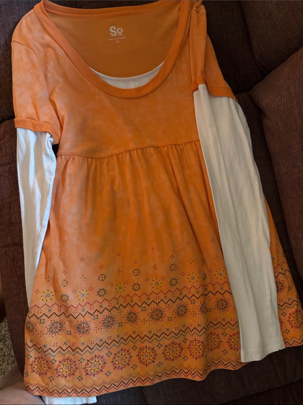 SO Orange and Cream Layered-Look Boho Embroidered Top